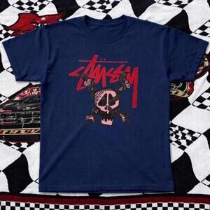 Gildan Men Navy T-Shirt, Stussy Navy Blue Skull T-Shirt